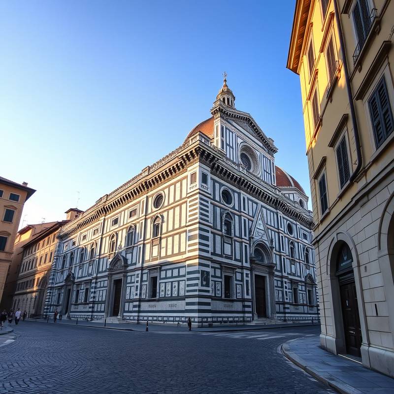 El Duomo de Florencia, Italia, visto desde una calle adoquinada, con otros edificios históricos a ambos lados.