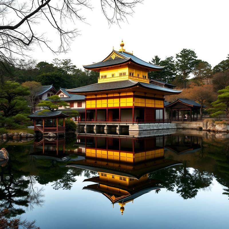 El Templo Dorado (Kinkaku-ji) reflejado en el estanque, con árboles y jardines japoneses tradicionales alrededor.