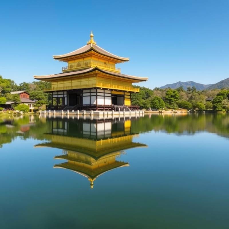 El templo Kinkaku-ji (Pabellón Dorado) de Kioto, Japón, reflejándose en el estanque que lo rodea, con un cielo azul despejado.
