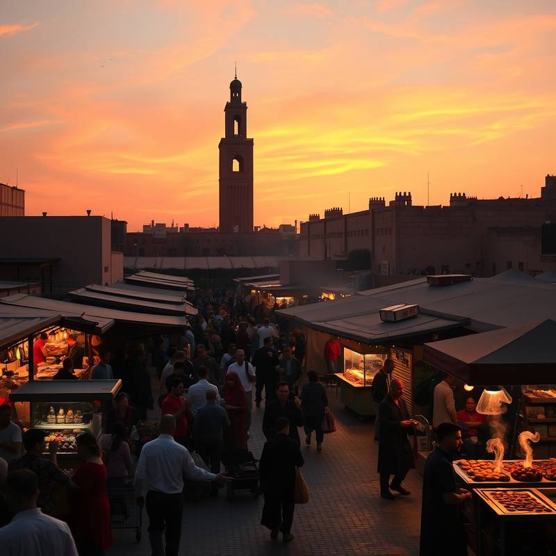 La plaza Djemaa el-Fna en Marrakech, Marruecos, llena de puestos de comida, músicos y encantadores de serpientes al atardecer.