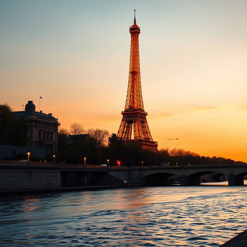 La Torre Eiffel iluminada al atardecer en París, Francia, con el río Sena en primer plano.
