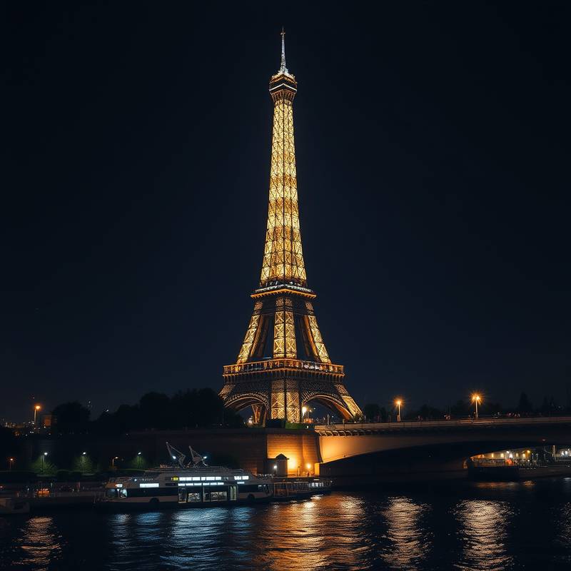 La Torre Eiffel iluminada por la noche, con el río Sena en primer plano y las luces de la ciudad reflejadas en el agua.