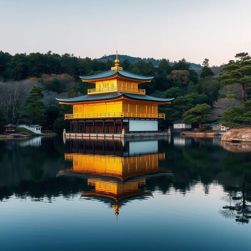 Templo Kinkaku-ji (Pabellón Dorado) reflejado en un lago tranquilo en Kioto, Japón.