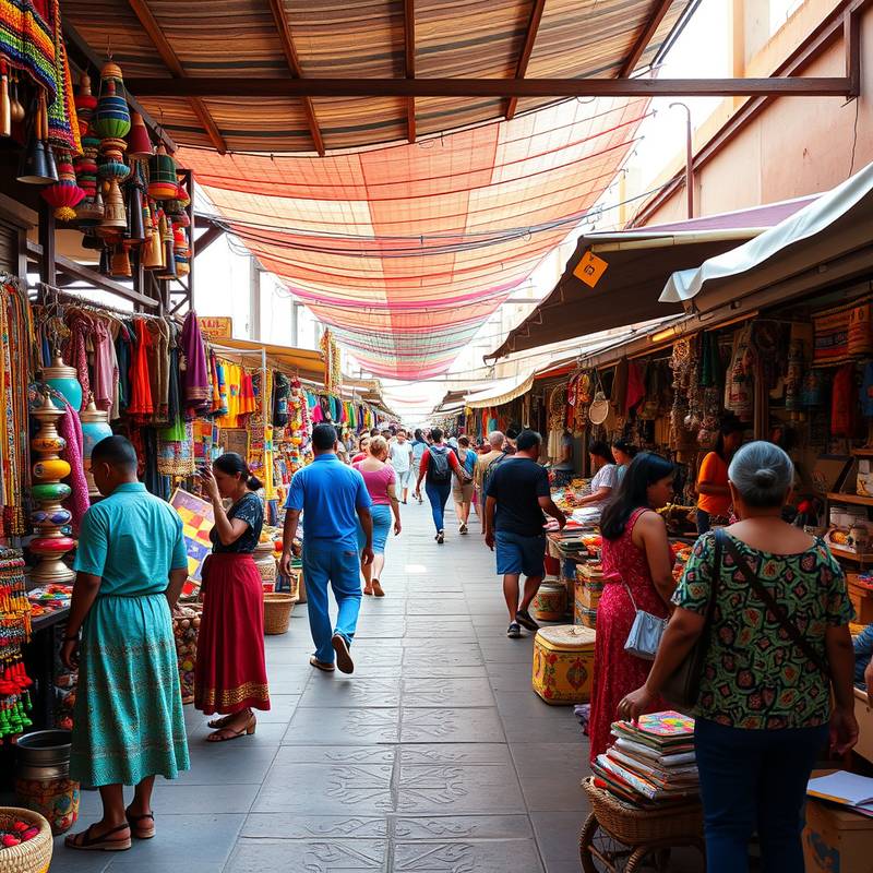 Un mercado vibrante en Oaxaca, México, lleno de colores, artesanías y vendedores.
