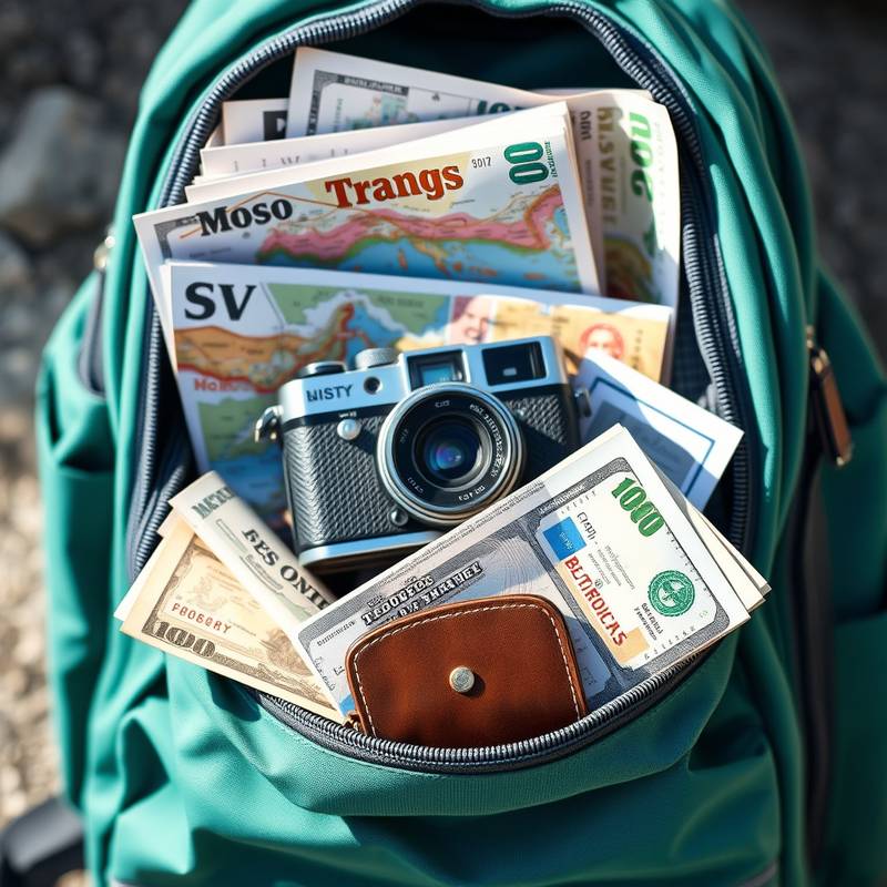 Una mochila llena de mapas, una cámara, y una cartera con billetes, simbolizando el viaje con presupuesto limitado.