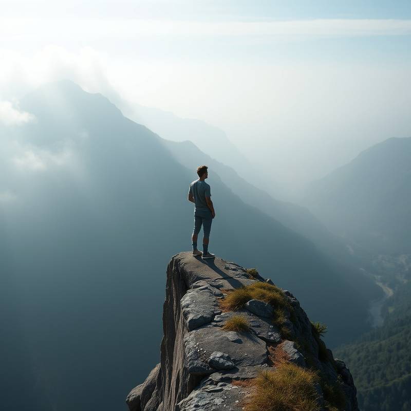 Una persona de pie al borde de un acantilado, mirando un paisaje montañoso y brumoso, simbolizando la libertad del viaje en solitario.