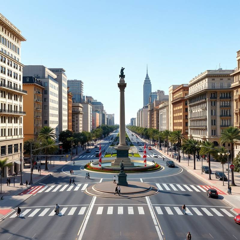 Vista de la Avenida 9 de Julio en Buenos Aires, Argentina, con el Obelisco en el centro y edificios de estilo europeo a los lados.