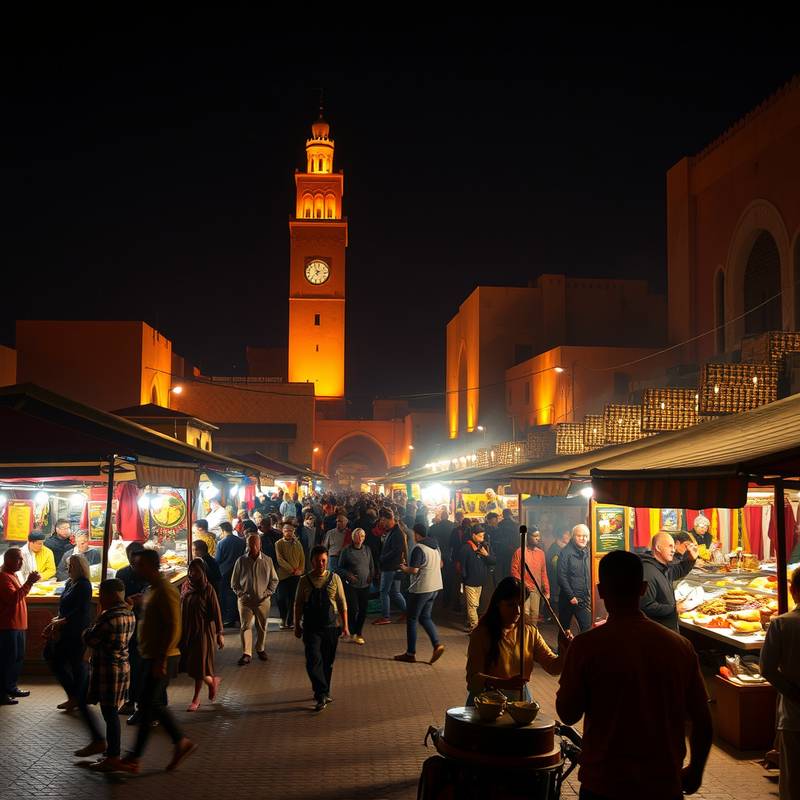 Vista de la plaza Djemaa el-Fna en Marrakech, con puestos de comida, encantadores de serpientes y músicos, todo iluminado por la noche.