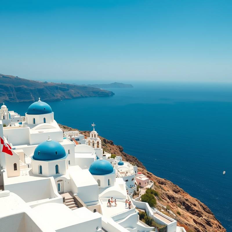 Vista de las casas blancas con cúpulas azules de Oia, Santorini, Grecia, sobre el acantilado con el mar Egeo al fondo.