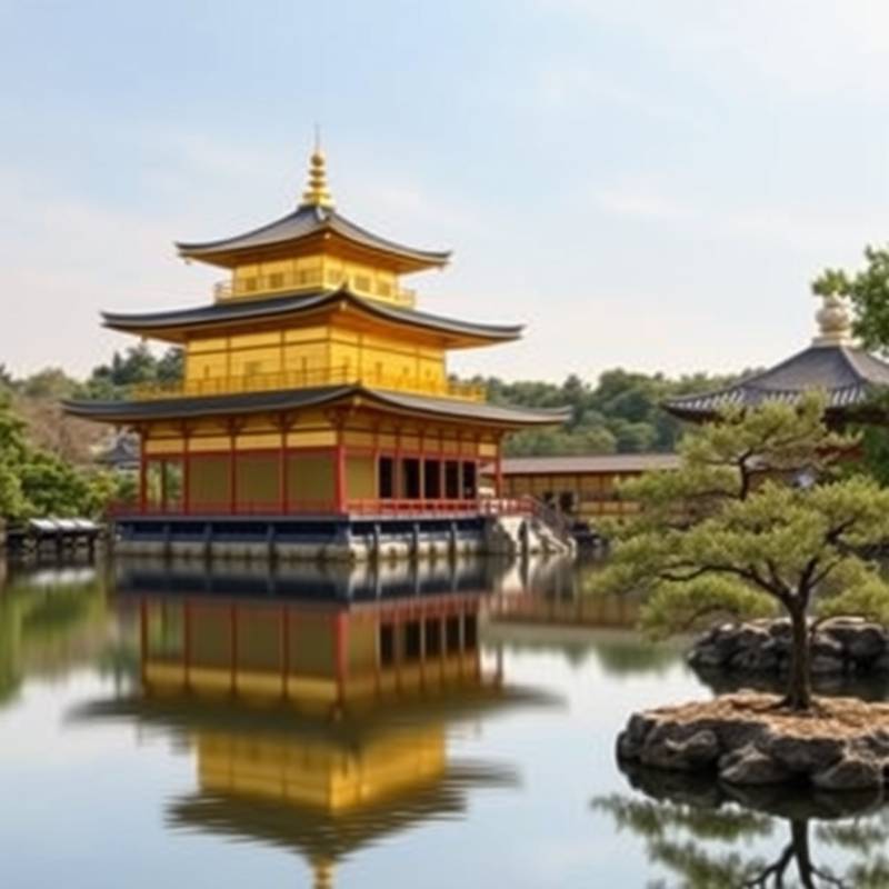 Vista del templo dorado de Kinkaku-ji en Kioto, Japón, rodeado de árboles y reflejado en el agua.