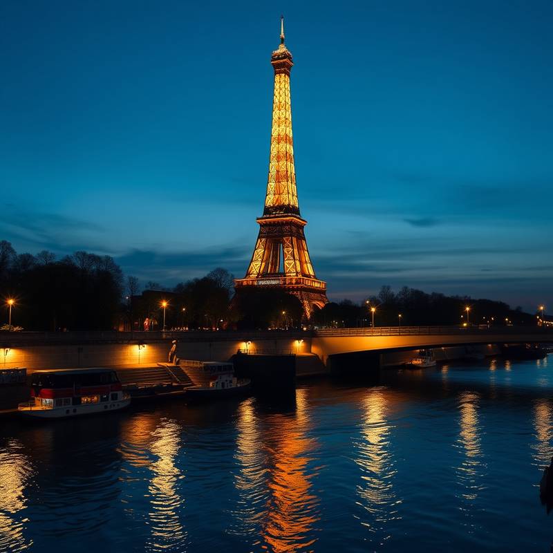 Vista nocturna de la Torre Eiffel iluminada, reflejada en el río Sena en París, Francia.