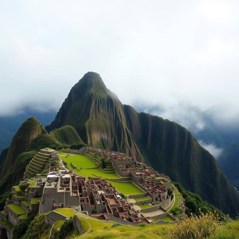 Vista panorámica de Machu Picchu, con la ciudadela Inca en primer plano y las montañas Huayna Picchu y Machu Picchu al fondo, envueltas en niebla.
