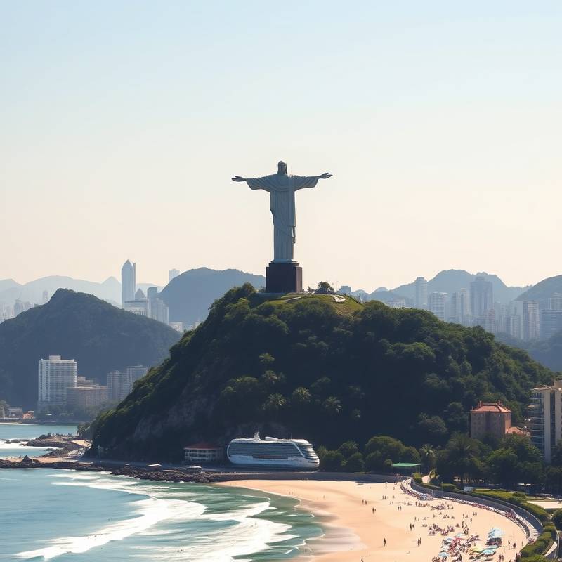 Vista panorámica de Río de Janeiro, Brasil, con el Cristo Redentor en la cima del Corcovado y la playa de Copacabana a lo largo de la costa.