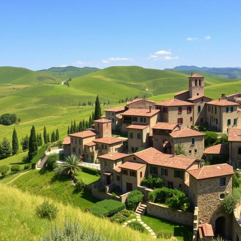 Vista panorámica de un pueblo toscano con casas de piedra y colinas verdes al fondo.